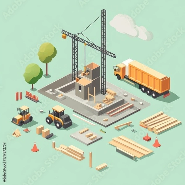 Fototapeta Construction scene with crane, bulldozers, materials, and a partially built structure.
