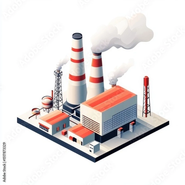Fototapeta Industrial plant vector with multiple chimneys and modern buildings emitting smoke on white background