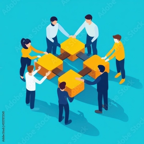 Fototapeta Isometric team of people working together to connect square blocks in a teamwork concept