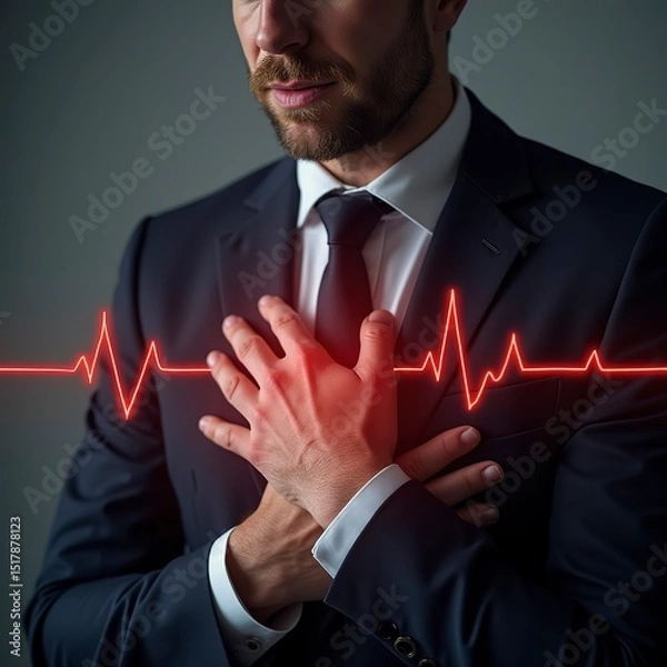 Fototapeta A youngman, who is feeling heart attack and expressing his feeling of pain at his heart.