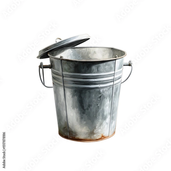 Fototapeta Rustic galvanized steel trash bin with removable lid and metal handles, weathered look, empty, isolated on transparent background