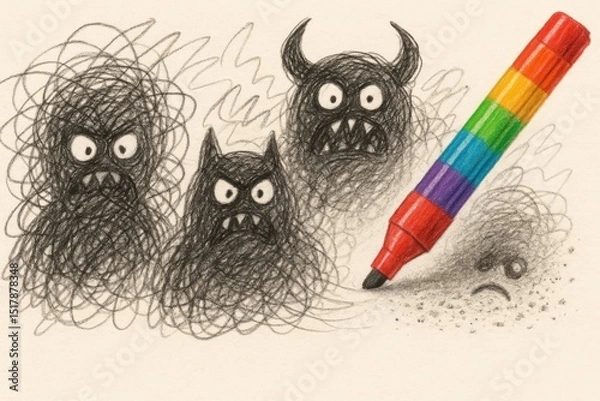 Fototapeta Creative erasure of scribbled monsters with rainbow crayon for children's art project