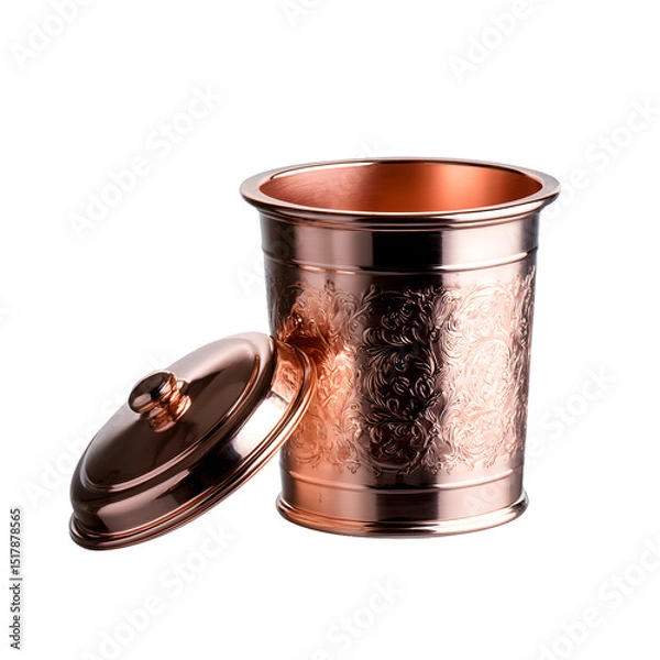 Fototapeta Ornate vintage copper trash bin with embossed patterns and removable lid, polished and empty, isolated on transparent background
