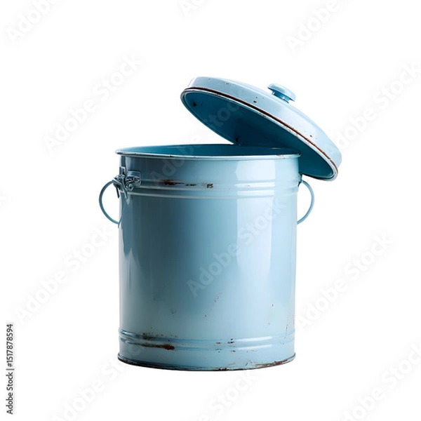 Fototapeta Pastel blue vintage enamel-coated metal trash bin with hinged lid, chipped paint, empty, isolated on transparent background