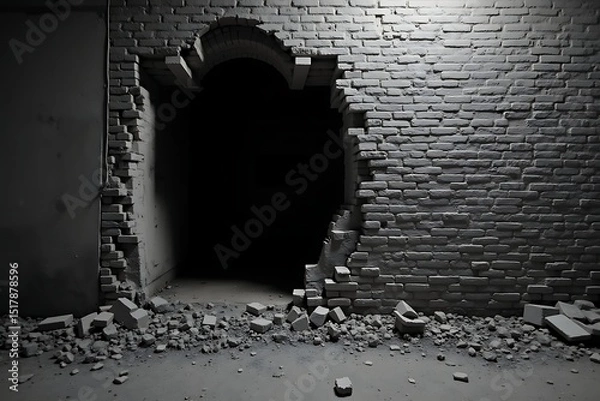 Fototapeta Broken brick wall with archway and debris
