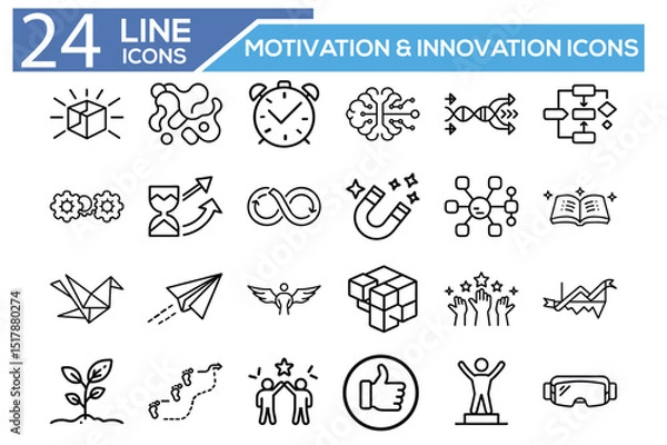 Fototapeta Motivation & Innovation Outline Icon Set – Minimal Line Icons for Ideas, Growth, and Creativity