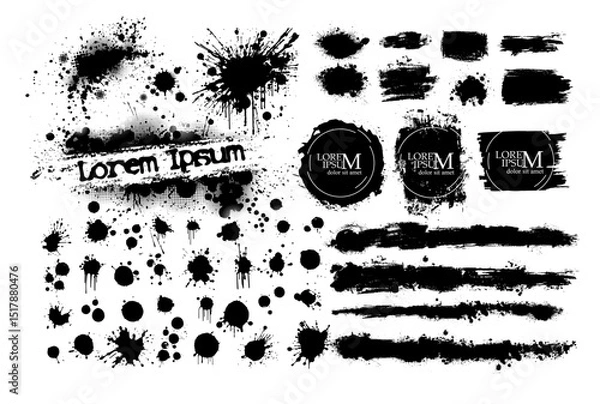 Obraz Black brush stroke set isolated on background. Paint brush stroke for ink paint, grunge design element, dirt banner, watercolor design, dirty texture. Trendy brush stroke. hand drawn. Not AI, Vector.