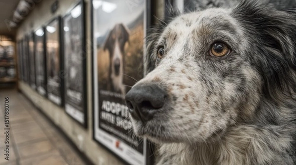Fototapeta Close-up Portrait of a Border Collie Dog Near Adoption Posters in a Shelter, Animal Welfare, Pet Rescue, Waiting for a New Home