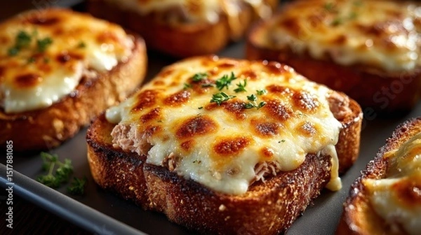Fototapeta Delicious Tuna Melts on Toasted Bread, Topped with Melted Cheese and Parsley, Served on a Dark Tray, Close Up View