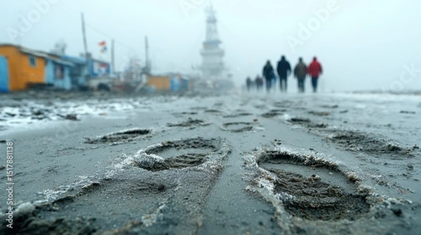 Fototapeta Footprints in the Sand on a Foggy Beach with Distant Figures and Buildings, Cold Winter Day, Low Angle View