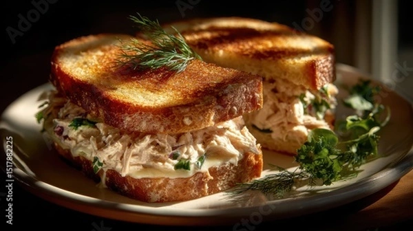 Fototapeta Delicious Chicken Salad Sandwich on Toasted Bread with Fresh Dill Garnish, Served on a Plate, Close-Up Studio Shot