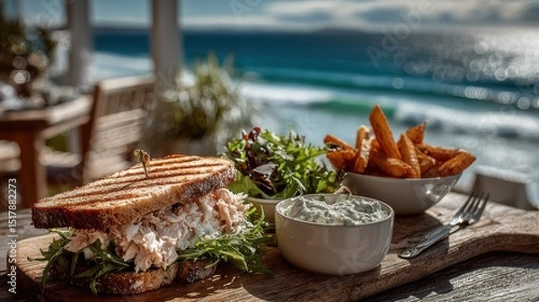 Fototapeta Delicious Tuna Sandwich with Fries and Salad Served Outdoors with Ocean View, Perfect for Summer Lunch or Vacation Meal