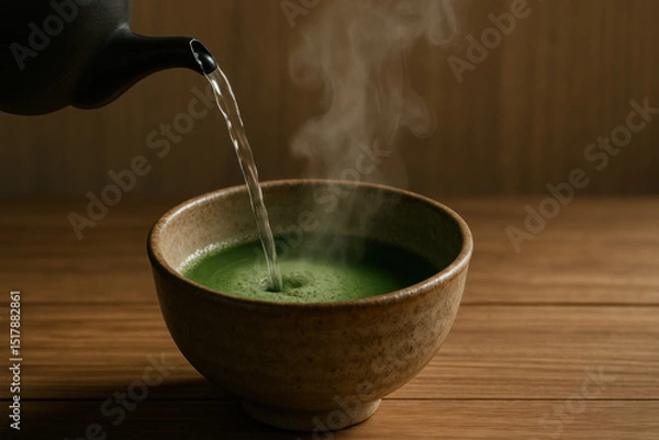Fototapeta Steaming cup of matcha is being prepared, showcasing vibrant green color and rich texture. warm steam rises, creating cozy atmosphere perfect for enjoying this traditional beverage