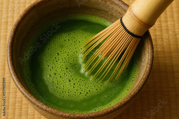 Fototapeta Whisking matcha in traditional bowl creates vibrant green beverage, showcasing rich texture and color of tea. bamboo whisk adds authentic touch to this serene moment