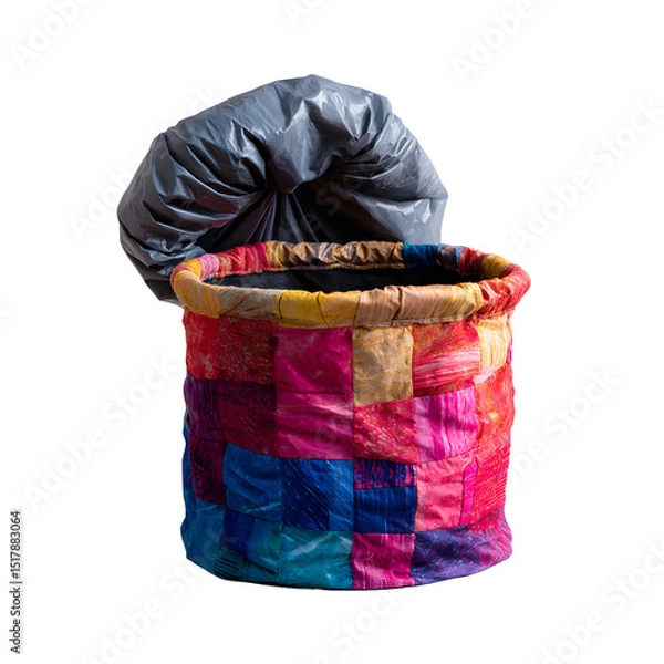 Fototapeta Colorful patchwork eco-friendly trash bin made from recycled fabrics and plastics with drawstring liner, empty, isolated on transparent background