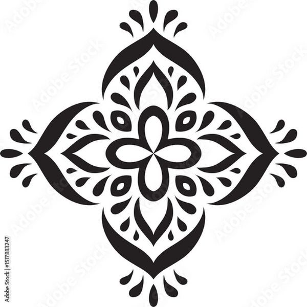 Fototapeta Artistic hand drawn ethnic vector print. Symmetric Moroccan decorative element for printing on T-Shirt, mug or other souvenir. Boho style decoration. Black silhouette pattern on white background.