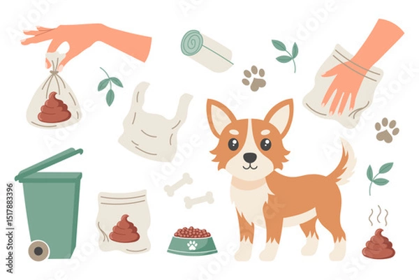 Fototapeta Clean up after your dog concept set. Pet care, environmental awareness and waste disposal. Illustration for social signs, pet products.