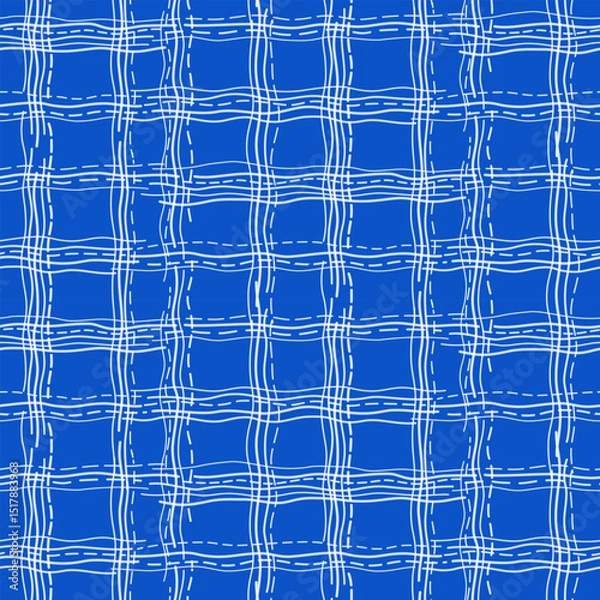 Fototapeta Abstract checkered graphic seamless pattern. White intersecting wavy lines on blue background. Minimalist texture vector background. Geometric criss-cross design element. Tattered piece of old fabric