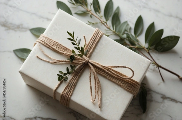 Fototapeta Beige Gift Box with Jute Twine and Greenery on White Marble, Elegant Natural Wrapping