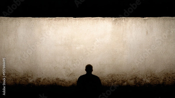 Fototapeta Silent silhouette against weathered wall, pondering the shadows of Yule and Diwali, secret thoughts whispering into the void