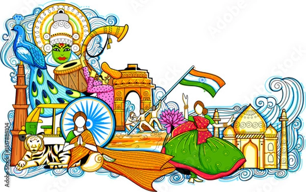 Obraz India background showing its incredible culture and diversity with monuments, dance and festival