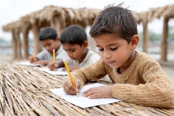 Fototapeta Focused Children Writing At A Table Under Thatch Roof Outdoors