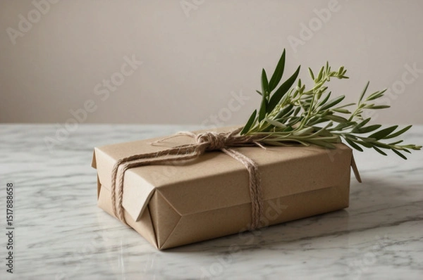 Fototapeta Beige Gift Box with Jute Twine and Greenery on White Marble, Elegant Natural Wrapping