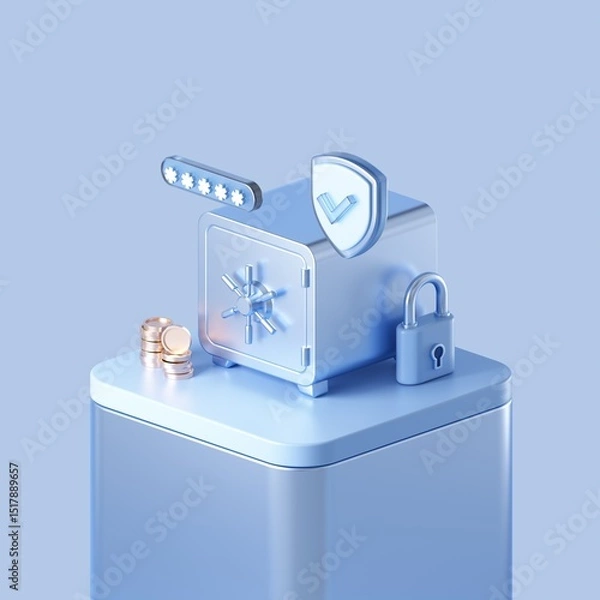 Obraz Safe with cash money, passwordm padlock and safety shield on the podium. Fintech 3d design.