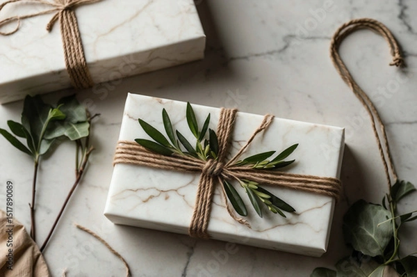 Fototapeta Beige Gift Box with Jute Twine and Greenery on White Marble, Elegant Natural Wrapping