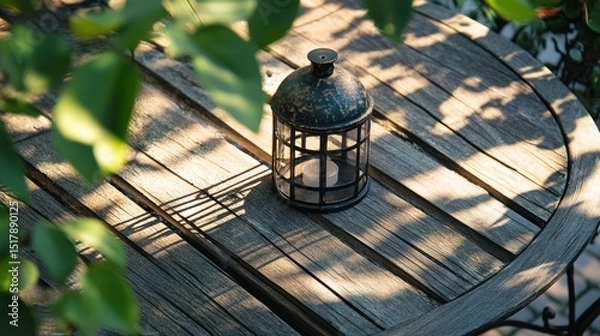 Fototapeta Serene Garden Setting: Lantern on Rustic Wooden Table