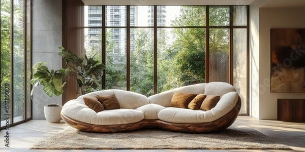 Fototapeta Luxurious sofa with wooden base in modern residential space with leafy green view