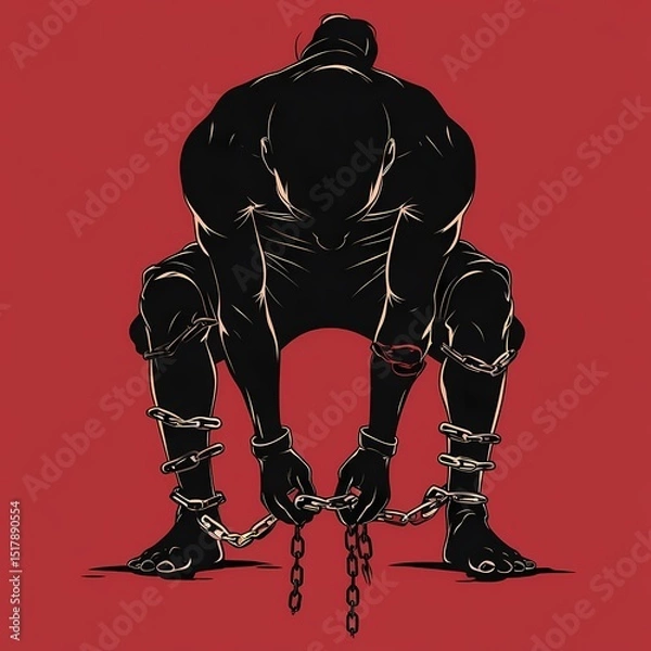 Fototapeta Struggling figure breaking free from chains against a red background representing resilience and strength