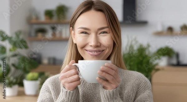 Fototapeta Woman Enjoying Coffee in a Cozy Setting
