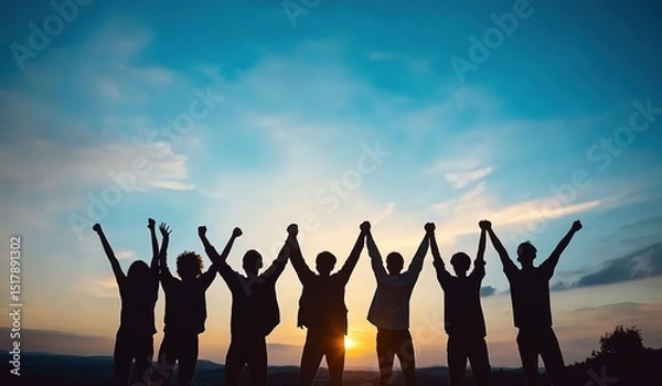 Fototapeta Silhouette image of a group of people raising their hands, suitable for corporate annual meetings, team-building activities, and corporate culture promotion.