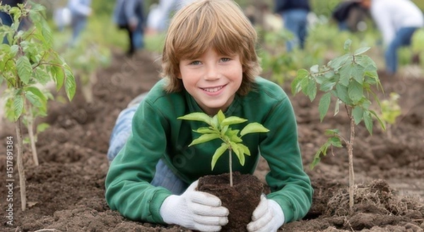 Fototapeta Young Gardener Planting a Tree in Community Project