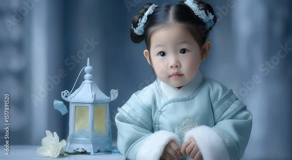 Fototapeta Charming Young Child in Traditional Attire with Lantern