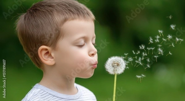 Fototapeta A Child Blowing Dandelion Seeds in the Breeze