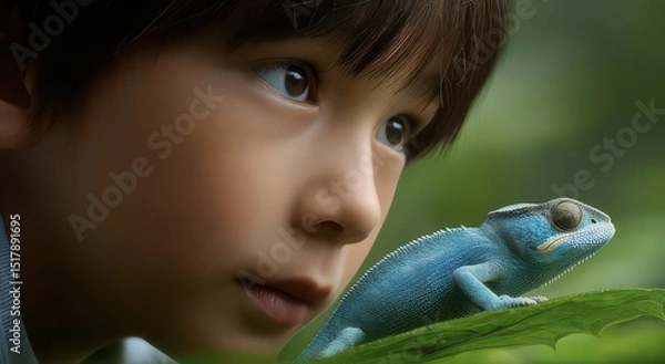 Fototapeta A Child's Fascination with a Colorful Lizard
