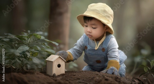 Fototapeta Child Exploring Nature with a Wooden House