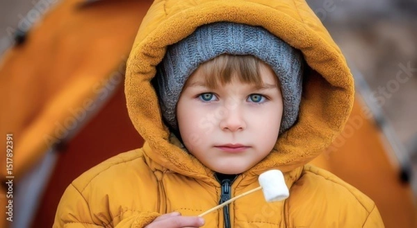 Fototapeta Cozy Child Enjoying a Marshmallow Outdoors