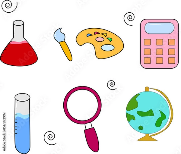 Fototapeta Hand-Drawn School Subject Icons Vector – Cute Cartoon Style Science Tools, Art Palette, Calculator, Globe, and Magnifier for Educational Designs and Children’s Learning Materials
