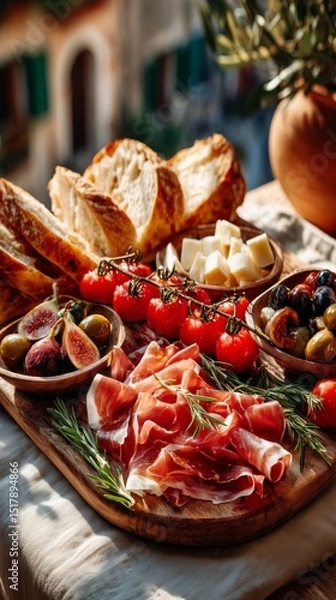 Fototapeta A rustic charcuterie board featuring thinly sliced prosciutto di Parma, cherry tomatoes on the vine. Cozy countryside Italian mood