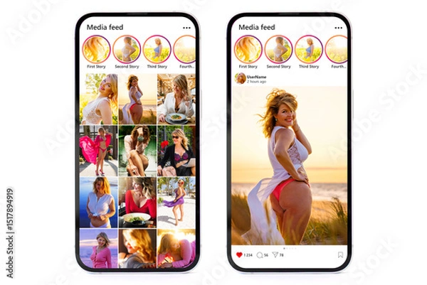 Fototapeta Sample social media photo gallery and single post mockups on mobile phone