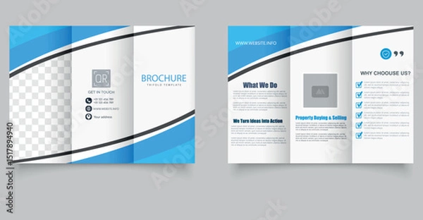 Obraz Tri fold wave brochure layout. Blue and white flyer. For design and print. Fully editable and print-ready.