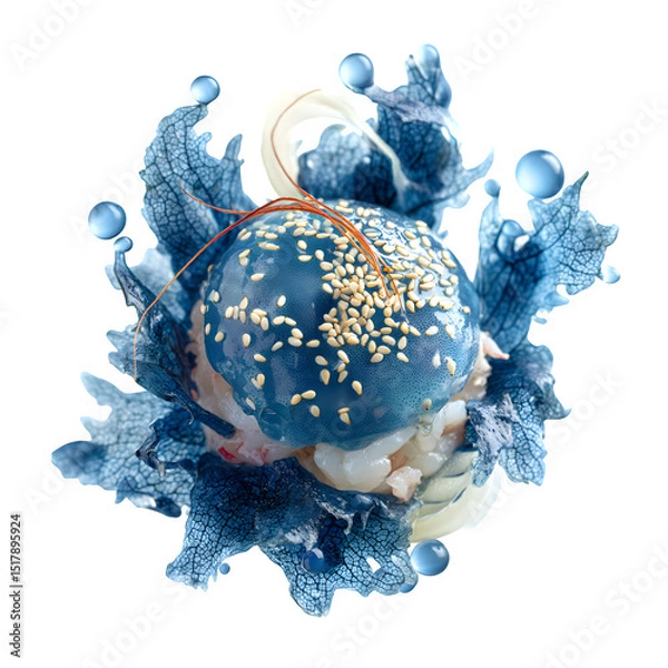 Fototapeta Blue shrimp poke sphere with seaweed bubbles and sesame leaf base, futuristic raw food styling, isolated on white background