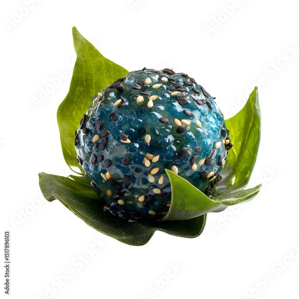 Fototapeta Blue shrimp poke sphere with seaweed bubbles and sesame leaf base, futuristic raw food styling, isolated on white background