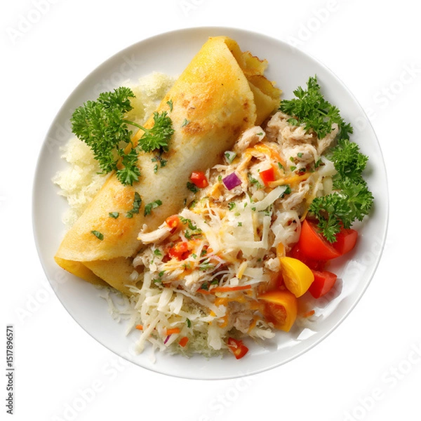 Fototapeta Brazilian breakfast plate with tapioca crepe filled with shredded chicken and cheese, studio shot, isolated on white