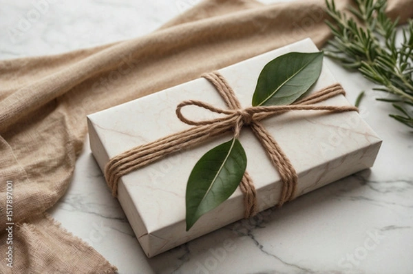 Fototapeta Beige Gift Box with Jute Twine and Greenery on White Marble, Elegant Natural Wrapping