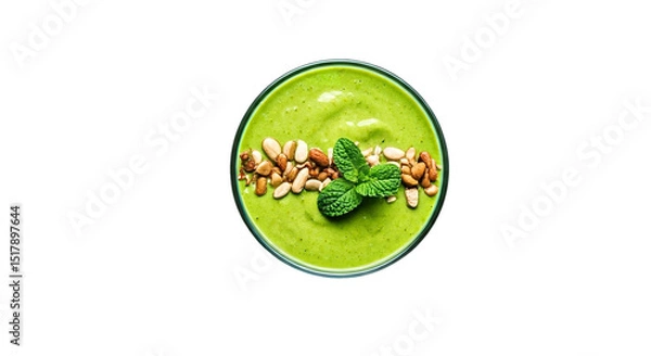 Fototapeta Overhead shot of a green smoothie with nuts and mint garnish on a black background studio shot