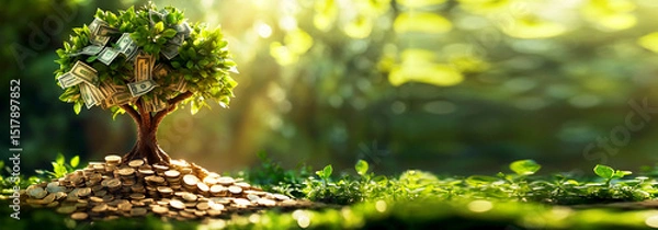 Obraz Money tree growing coins and dollars, symbolizing investment, financial growth, and success. Ideal for a finance banner with ample copy space